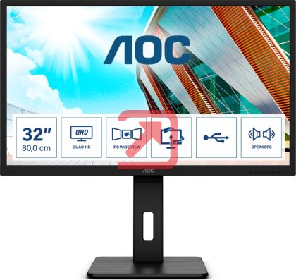 Монитор AOC Q32P2, 31.5" IPS WLED, 2560x1440@75Hz, 4ms GTG, 250cd/m2, 1000:1, 50M:1 DCR, Adaptive Sync, FlickerFree, Low Blue Light, 3Wx2, Tilt, Height Adjust, Pivot, Swivel, 2xHDMI, DP, USB hub