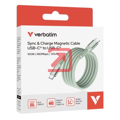Кабел Verbatim Sync & Charge USB-C to USB-C 100W Magnetic 120 cm - Green