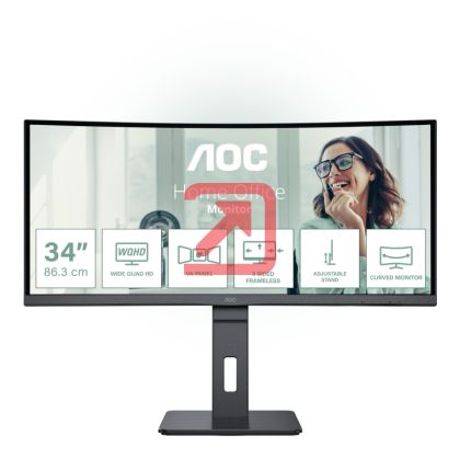 Монитор AOC CU34P3CV, 34" VA WLED, Curved 1500R, 3440x1440@100Hz, 4ms GtG, 1ms MPRT, 300cd m/2, DCR 3000:1, 50M:1, AdaptiveSync, FlickerFree, Low Blue Light, 5Wx2, Tilt, Height Adjust, Swivel, HDMI, DP, USB hub