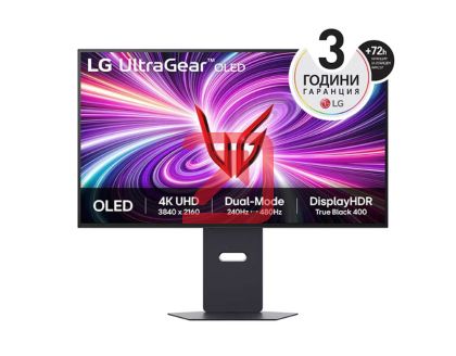 Монитор LG 32GS95UV-B, 31.5" 4K UHD OLED Dual-Mode, 0.03ms (GtG), UHD (3840x 2160), 4K 240Hz, FHD 480Hz, 1500000:1, 450 cd/m2, 1000:1, DCI-P3 98%, AMD FreeSync, NVIDIA G-Sync, DTS, Speacer 7Wx2, VRR, HDR 400, USB Down/Up-stream, HDMI, DisplayPort, Tilt, H