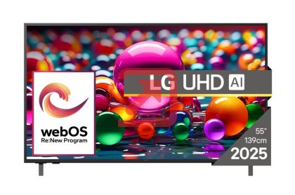 Телевизор LG 55UA75003LA, 55" 4K UltraHD TV 4K (3840x2160), DVB-T2/C/S2, webOS 25 Smart, ThinQ AI, Alpha 7 AI Processor, WiFi, HDR10 pro, HLG, ALLM/HGiG, 4K Upscaling, AI Sound pro, Multiple View, HDMI eARC, LAN, USB, Bluetooth, Google Cast, 2 Pole Stand,