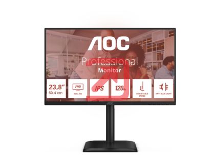 Монитор AOC 24E4U, 23.8" IPS WLED, 1920x1080@120Hz, 4ms GtG, 300cd m/2, 1500:1, 20M:1 DCR, Adaptive Sync, FlickerFree, Anti Blue Light, 2Wx2, Tilt, Height Adjust, Pivot, Swivel, D-SUB, HDMI, USB Hub