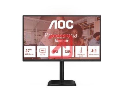 Монитор AOC 27E4U, 27" IPS WLED, 1920x1080@120Hz, 4ms GtG, 300cd m/2, 1500:1, 20M:1 DCR, Adaptive Sync, FlickerFree, Anti Blue Light, 2Wx2, Tilt, Height Adjust, Pivot, Swivel, D-SUB, HDMI, USB Hub
