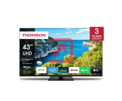 Телевизор Thomson Smart UHD TV 43"; Google TV; 3840 x 2160 (4K UHD), 4000:1, DLED, 60 Hz, DVB-T/T2/C/S/S2, HDR10, Wi-Fi, Bluetooth, LAN, HDMI 2 (2.0) + 2 (2.1), USB 2 (2.0) + 1 (3.0),Central Swivel Stand, Black