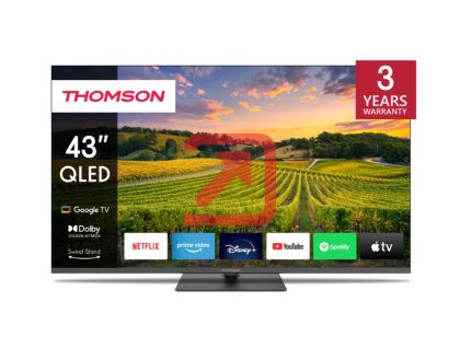Телевизор Thomson Smart QLED TV 43"; Google TV; 3840 x 2160 (4K UHD), 4000:1, QLED, 60 Hz, DVB-T/T2/C/S/S2, HDR10, Hotel mode, Wi-Fi, Bluetooth, LAN, HDMI 2 (2.0) + 2 (2.1), USB 2 (2.0) + 1 (3.0), Central Swivel Stand, Dark gray