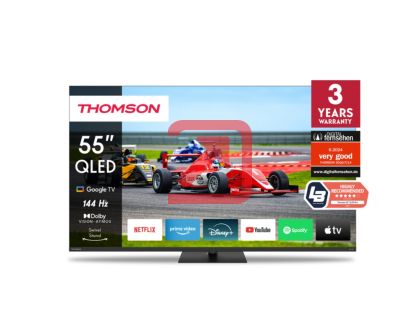 Телевизор Thomson Smart QLED Pro TV 55"; Google TV; 3840 x 2160 (4K UHD), DLED, 144 Hz, DVB-T/T2/C/S/S2, HDR10, Wi-Fi, Bluetooth, LAN, HDMI 4 (2.1), USB 2 (2.0) + 1 (3.0), Central Swivel Stand, Black