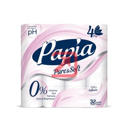 Тоалетна хартия Papia Pure Soft 100% целулоза, четирипластова 32 бр. Бяла