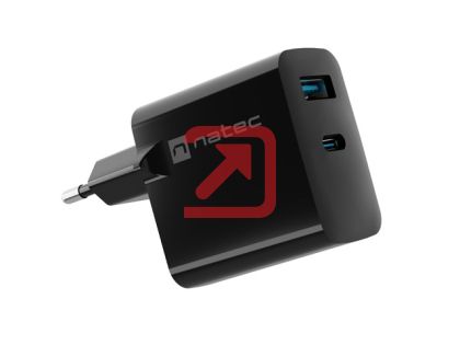 Адаптер Natec USB Charger  Ribera Gan 1X USB-A + 1X USB-C 45W, Black