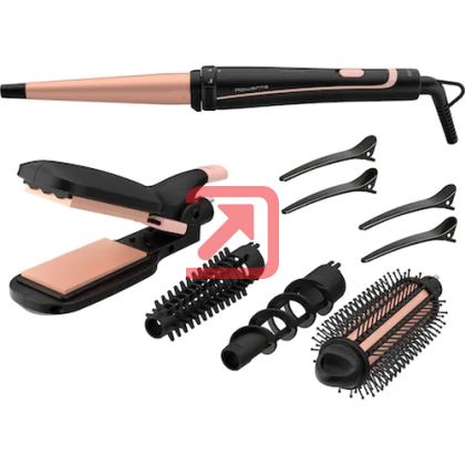 Маша Rowenta CF4231F0 Multi Styler Infinite looks 14 in 1, conical, monotemp, accessories: conical curling wand, 2 in 1 straightening and crimping plates, eliptic waving wand, cool tip, pouch, heating indicator, heat-up time 60s, hanging loop