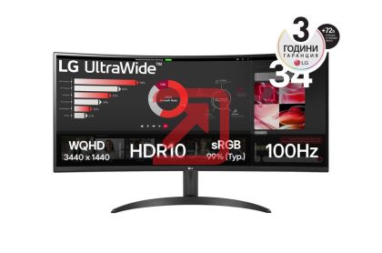 Монитор LG 34WR50QK-B, 34" UltraWide Curved, AG, VA, 5ms, 1ms MBR, 3000:1, 300 cd/m2, 21:9, WQHD 3440x1440, HDR 10, sRGB 99%, FreeSync, 100 Hz, HDMI, DisplayPort, Tilt, Reader Mode, PBP, Headphone Out, Black