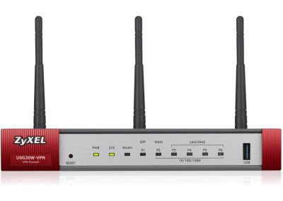 Защитна стена ZyXEL USG20W-VPN Firewall, 802.11ac/n Wireless (3x3/80MHz), 10x VPN (IPSec/L2TP), up to 15 SSL (5 included), 1x WAN, 1x SFP, 4x LAN/DMZ, 1x USB port, Optional: Content Filtering, Antispam (licenses)