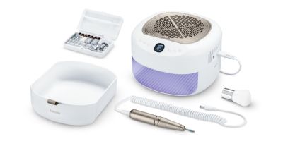 Комплект за маникюр/педикюр Beurer MP 200 Manicure/pedicure station - 3 functions in one device: Nail cutter, UV/LED lamp and nail dust extractor; up to 26,000 rpm; 9 high-quality attachments; For artificial nail modelling