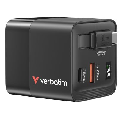 Зарядно устройство Verbatim Mini GaN Charger 65W 2 Port retractable cable display US plugs with EU and UK adaptors