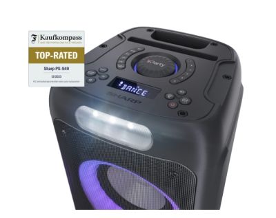 Тонколони Sharp Speakers PS-949, XPARTY STREET BEAT  2 x 8" woofers + horn tweeter, max power output 132 W, 12 h play time by built in battery, True wireless Stereo, USB Music playback and charging, DJ FX, BT 5.0, 2 x Mic/Guitar inputs, Splashproof (IPX4)