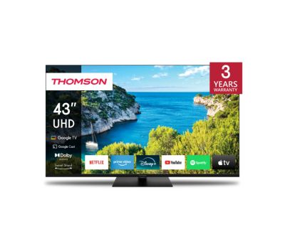 Телевизор Thomson Smart UHD TV 43"; Google TV; 3840 x 2160 (4K UHD), 4000:1, DLED, 60 Hz, DVB-T/T2/C/S/S2, HDR10, Wi-Fi, Bluetooth, LAN, HDMI 2 (2.0) + 2 (2.1), USB 2 (2.0) + 1 (3.0),Central Swivel Stand, Black