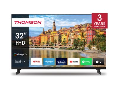 Телевизор Thomson Smart FHD TV 32"; Google TV; 1920 x 1080 (FHD), DLED, 60 Hz, DVB-T/T2/C/S/S2, Wi-Fi, Bluetooth, LAN, HDMI 3 (1.4), USB 2 (2.0), 12 Volt adapter included, Side Feet, Black