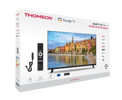 Телевизор Thomson Smart FHD TV 32"; Google TV; 1920 x 1080 (FHD), DLED, 60 Hz, DVB-T/T2/C/S/S2, Wi-Fi, Bluetooth, LAN, HDMI 3 (1.4), USB 2 (2.0), 12 Volt adapter included, Side Feet, Black