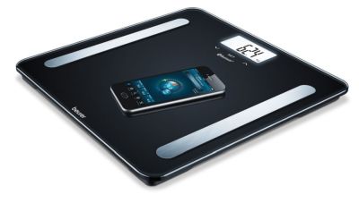 Везна Beurer BF 600 BT diagnostic bathroom scale in pure black, Weight, body fat, body water, muscle percentage, bone mass, AMR/BMR calorie display; BMI calculation; White illuminated display; Bluetooth; 180 kg / 100 g
