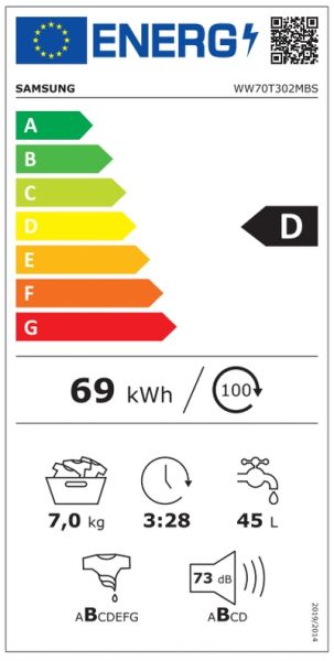 Пералня Samsung WW70T302MBS/LE, Washing machine 7 kg, 1200 rpm, Slim, Energy Efficiency D, Spin Efficiency B, Digital Inverter Technology, Quick Wash, Drum Clean, silver, black door