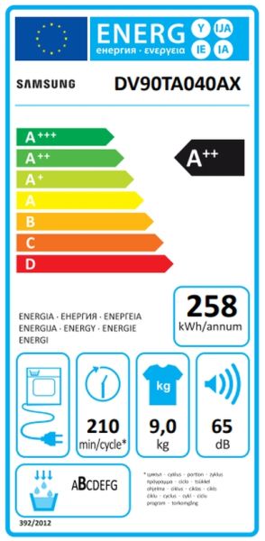 Сушилня Samsung DV90TA040AX/LE, Tumble Dryer with Heat Pump technology, 9kg, A++, Wrinkle prevention, Quick Dry 35 ', Stainless steel, Black door