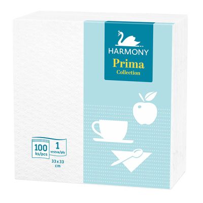 Салфетки Harmony Prima 100% целулоза, еднопластови 33x33 cm, 100 бр. Бели