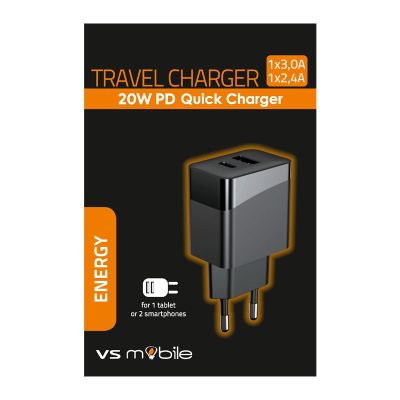 Бързо зарядно за смартфон/таблет USB-A 2.4A + USB-C 3.0A, 20W, Черен