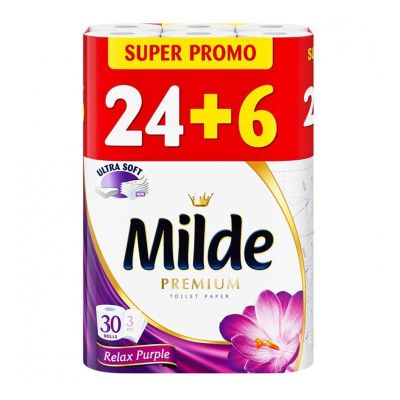 Тоалетна хартия Milde 100% целулоза, трипластова 24+6 бр. Relax Purple