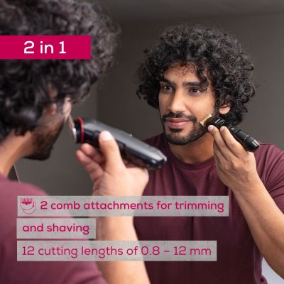 Машинка за подстригване Beurer MN4X beard styler, 2 Attachments, slim titanium contour blade, Battery and mains operation, LED display, 10 cutting lengths, 2 comb attachments with length adjustment: 3-7 and 8-12 mm,Water-resistant