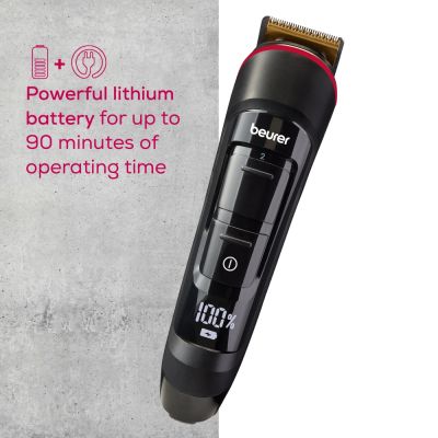 Машинка за подстригване Beurer MN4X beard styler, 2 Attachments, slim titanium contour blade, Battery and mains operation, LED display, 10 cutting lengths, 2 comb attachments with length adjustment: 3-7 and 8-12 mm,Water-resistant