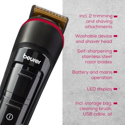 Машинка за подстригване Beurer MN4X beard styler, 2 Attachments, slim titanium contour blade, Battery and mains operation, LED display, 10 cutting lengths, 2 comb attachments with length adjustment: 3-7 and 8-12 mm,Water-resistant