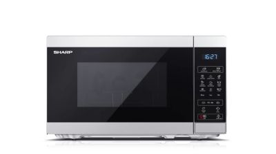 Микровълнова печка Sharp YC-MG02E-S, Fully Digital, Built-in microwave grill, Grill Power: 1000W, Cavity Material -steel, 20l, 800 W, LED Display Blue, Timer & Clock function, Child lock, Silver/Black door, Defrost, Cabinet Colour: Silver