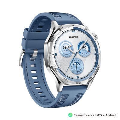 Часовник Huawei Watch GT5  Vili-B19W, 1.43", Amoled 466x466 PPI 326, BT5.2 BLE/BR/EDR, 5ATM, 524mAh, Screenshot sharing, support message input, message notifications, Battery life up to 14 days, Compatible with iOS and Android devices, Blue Woven